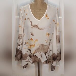 Chico's Cream and Brown Sheer Floral Blouse Size 2-L